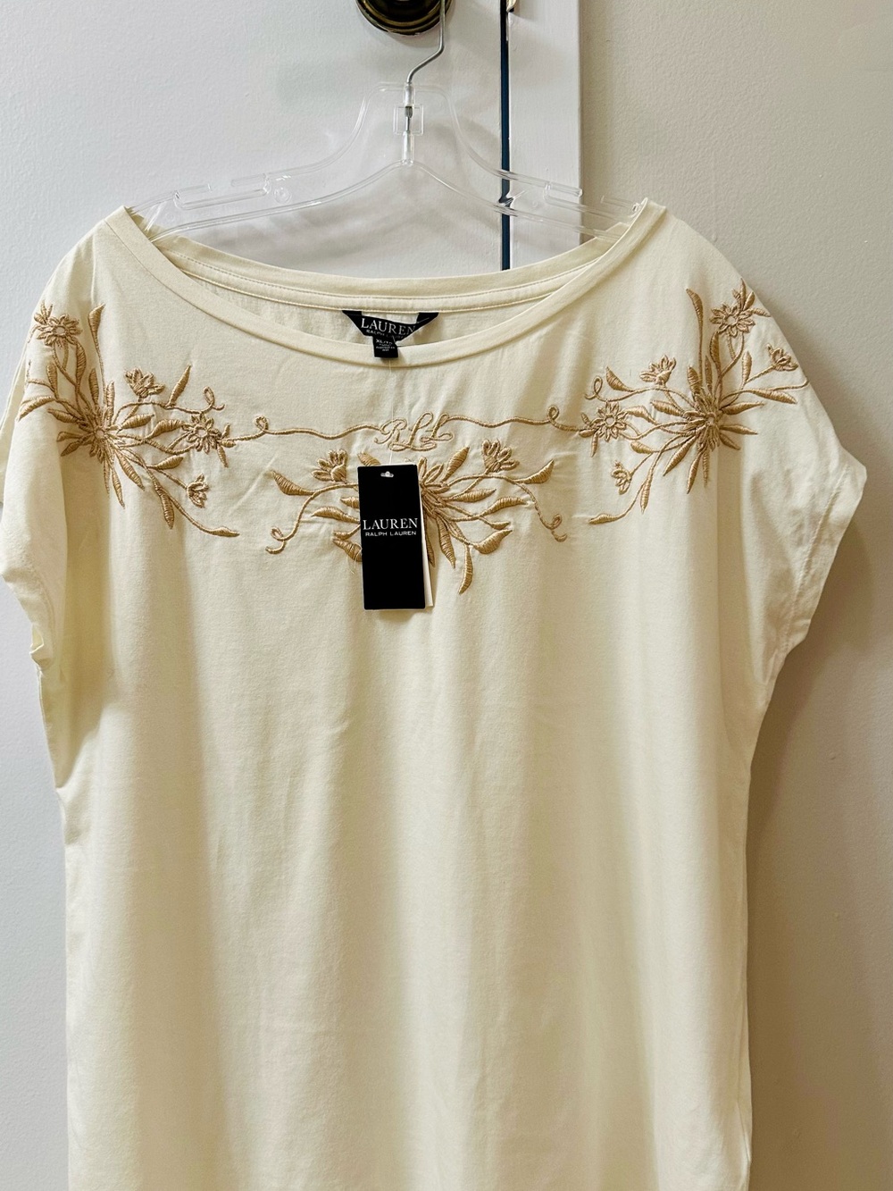 New Ralph Lauren Cream Short Sleeve Scoop Neck Top with Tan Floral Embroidery